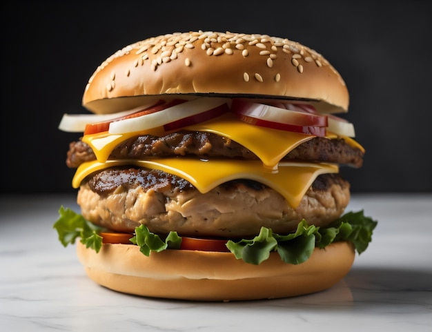 Photo d'un hamburger au fromage avec de la salade dedans avec une IA générative