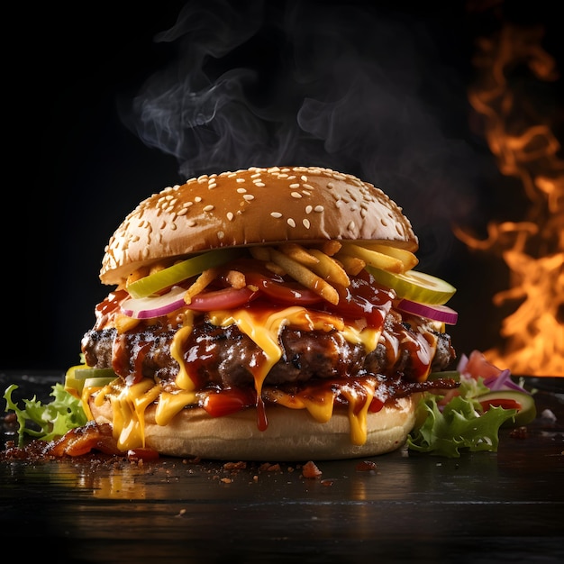 Photo Hamburgers faits maison avec feu sur IA générative noire