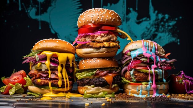 Une photo de hamburgers et de sandwichs colorés