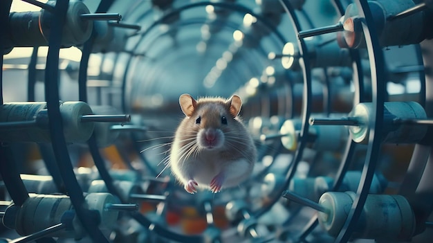 Une photo d'un hamster concentré conquérant une routine d'entraînement complexe