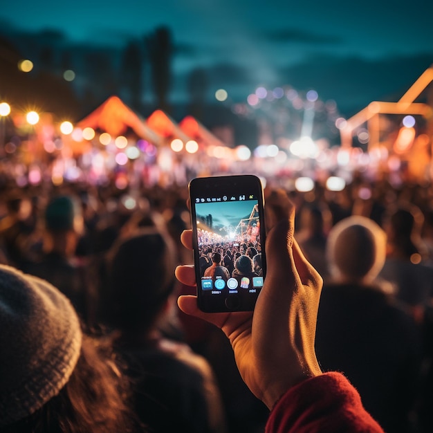 Une photo de Hand avec un téléphone enregistre un festival de musique en direct des gens prenant des photos avec un smartphone