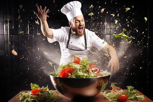 Photo une photo en haut angle d'un chef en train de jeter une salade dans un bol en acier inoxydable