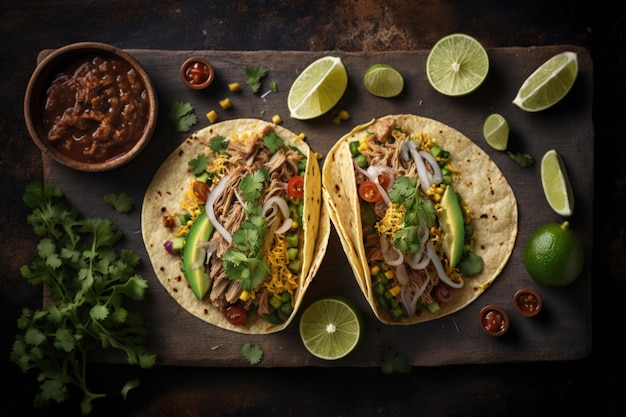 Photo de haut en bas de deux tacos carnitas mexicains sur place dans une composition à plat