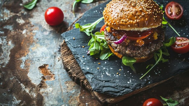 Une photo de haut en bas d'un hamburger gourmet avec des garnitures créatives sur une assiette d'ardoise