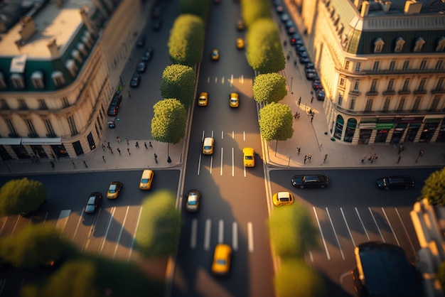 Une photo de haut en bas d'une rue animée de la ville représentant l'urbanisation et le transport