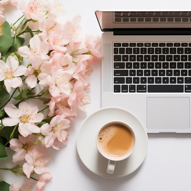 Une photo d'en haut de l'espace de travail avec ordinateur portable et clavier, ainsi qu'un café