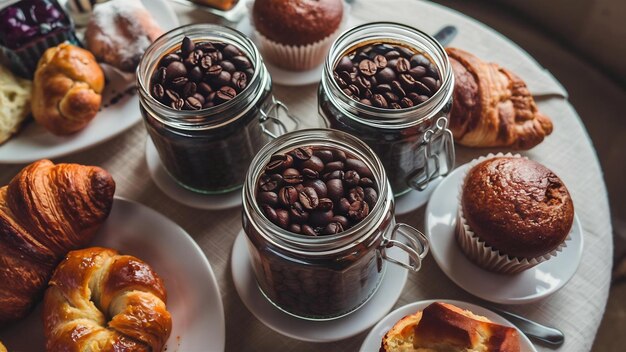 Une photo haute angle de grains de café dans des jarres sur une table de petit déjeuner avec de la pâtisserie