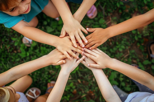 Photo haute angle des mains des enfants se joignant les mains montrant l'unité du pouvoir dans le parc