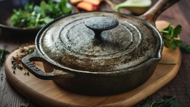 Une photo de haute qualité d'une casserole en fer bien usée