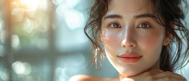 Photo de haute qualité coupée du concept de soins de la peau et de cosmétiques avec espace de texte Belle mannequin asiatique avec une peau faciale saine et un beau visage