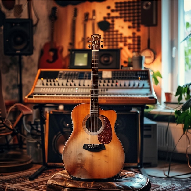 Une photo de haute qualité d'une guitare acoustique dans un joli studio à domicile