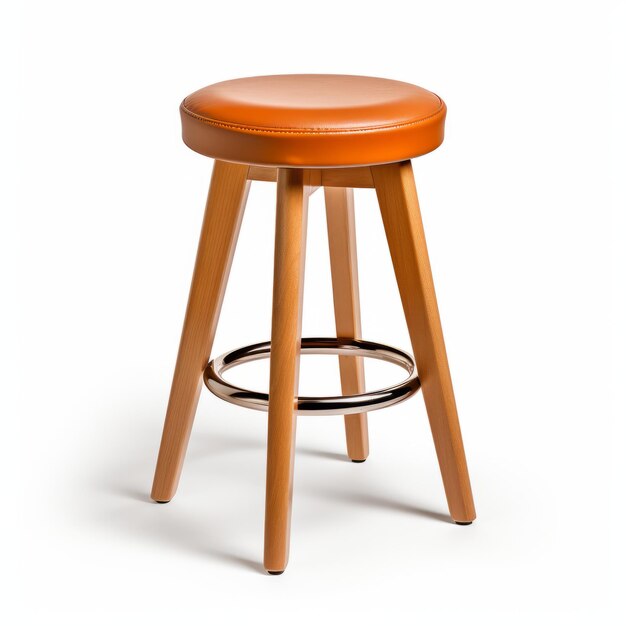 Une photo de haute qualité d'un tabouret Tondo avec des jambes en bois et du cuir orange