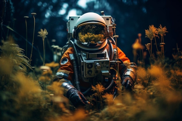 Photo photo de haute qualité de texture d'un astronaute biomécanique méditant dans une prairie de fleurs heure d'or