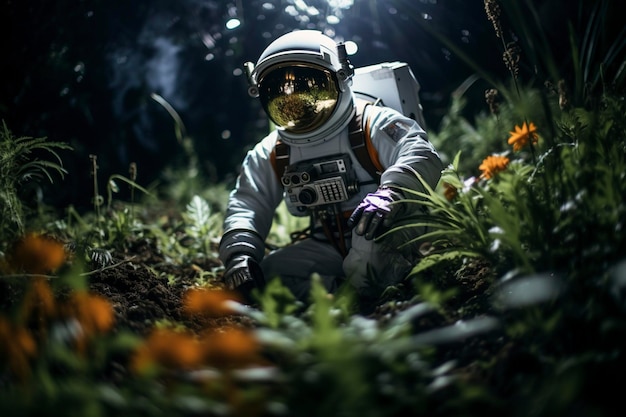 Photo photo de haute qualité de texture d'un astronaute biomécanique méditant dans une prairie de fleurs heure d'or