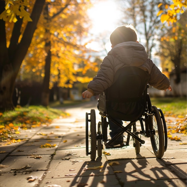 Photo en HD d'un enfant en fauteuil roulant jouant par une journée ensoleillée