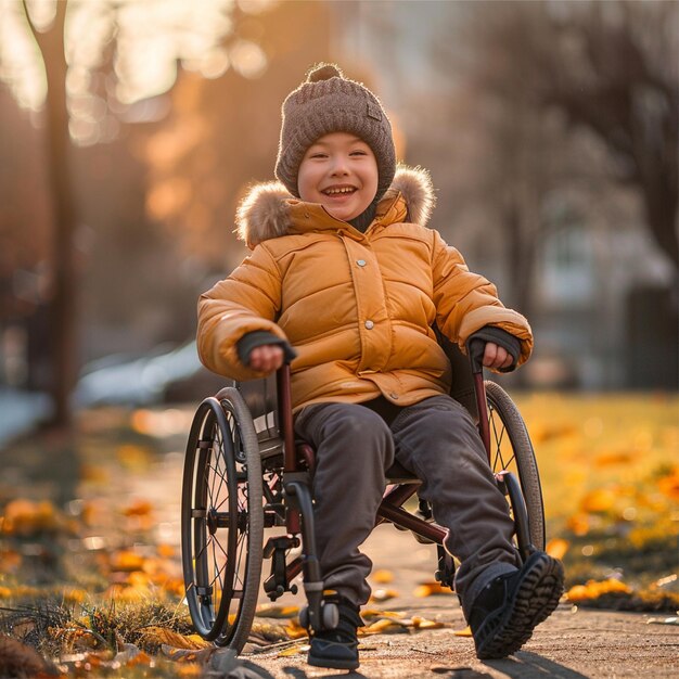 Photo photo hd d'un enfant heureux sur un fauteuil roulant jouant par une journée ensoleillée