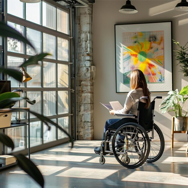 Photo en HD d'une fille en fauteuil roulant travaillant dans un bureau ensoleillé.