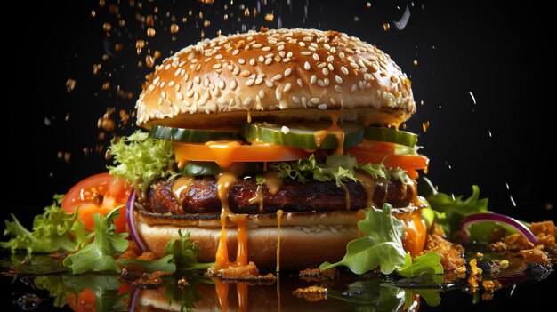 Photo en HD gratuite Un hamburger zinger entièrement chargé de viande de bœuf