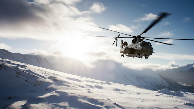 Photo d'un hélicoptère militaire Sea King atterrissant sur les montagnes