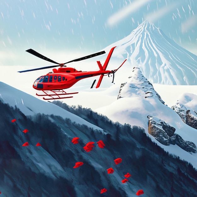 Photo un hélicoptère rouge survole une montagne enneigée