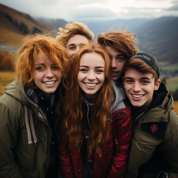 Photo photo heureuse avec des amis avec fond de montagne