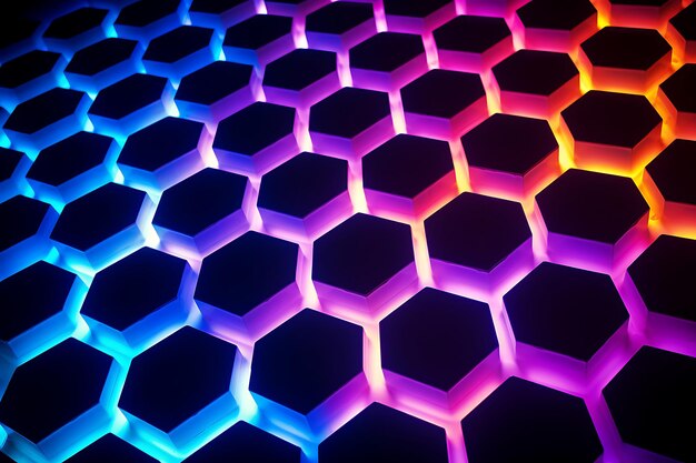 Photo d'hexagones au néon brillants sur un fond noir
