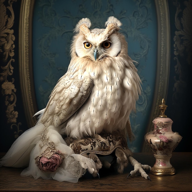 une photo d'un hibou assis sur une chaise entouré de fleurs et de plumes avec un rideau bleu