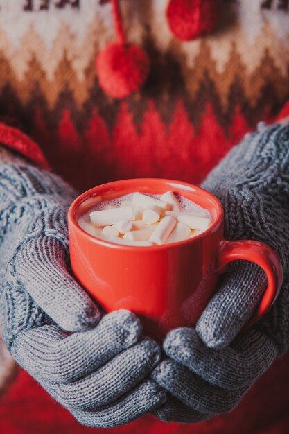 Photo d'hiver chaud qui remet des gants tricotés tenant une tasse de cacao avec de la guimauve