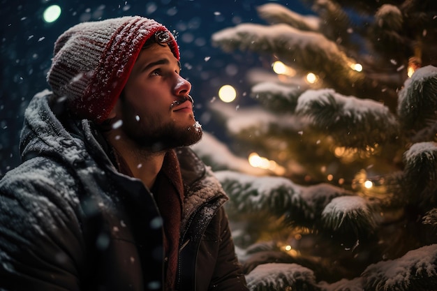Photo d'un homme de 30 ans dans la neige regardant un sapin de Noël