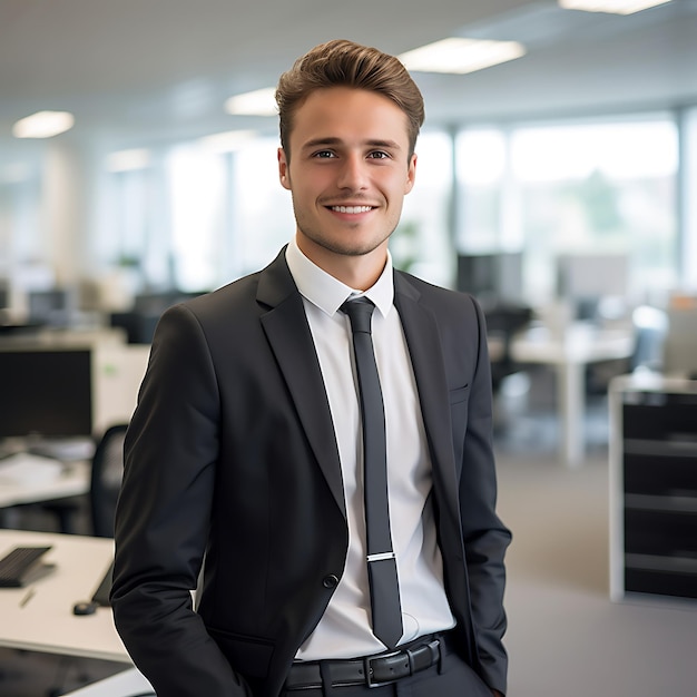 photo d'un homme d'affaires allemand de 25 ans souriant, cheveux bruns, corps entier, debout au bureau