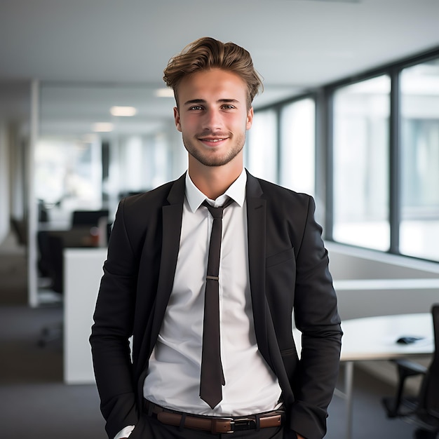 photo d'un homme d'affaires allemand de 25 ans souriant, cheveux bruns, corps entier, debout au bureau