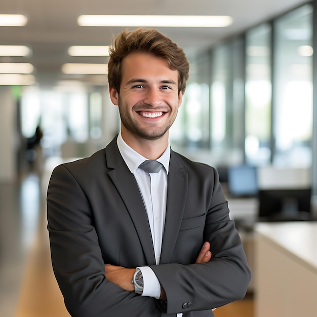 photo d'un homme d'affaires allemand de 25 ans souriant, cheveux bruns, corps entier, debout au bureau