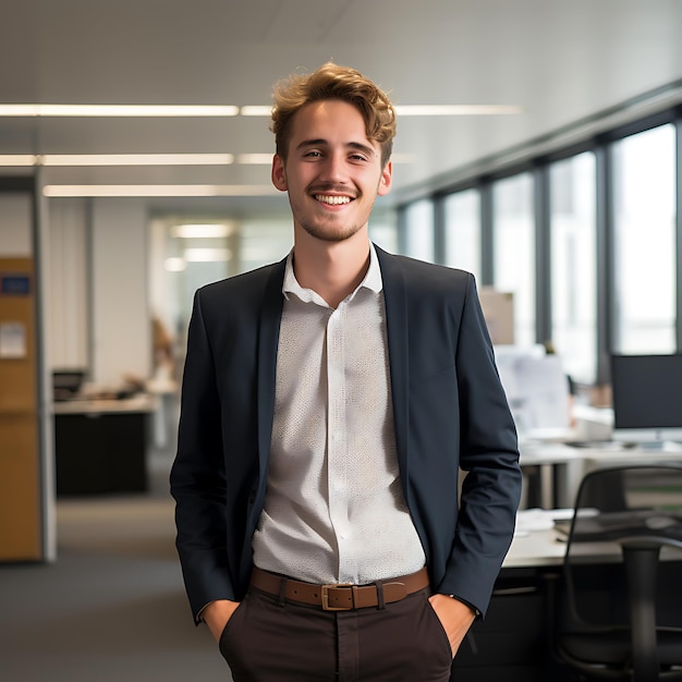 photo d'un homme d'affaires allemand de 25 ans souriant, cheveux bruns, corps entier, debout au bureau