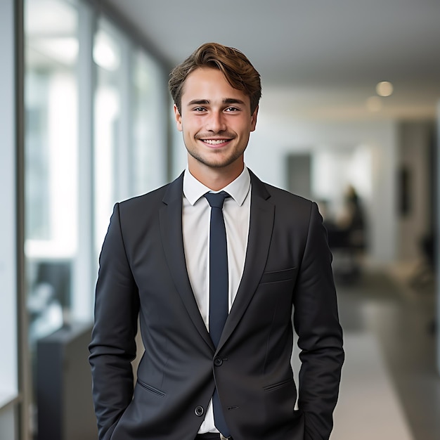 photo d'un homme d'affaires allemand de 25 ans souriant, cheveux bruns, corps entier, debout au bureau