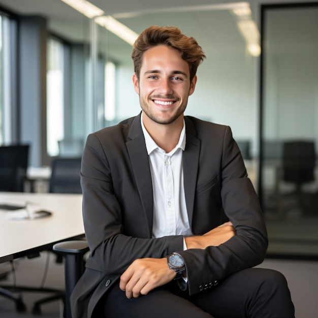 photo d'un homme d'affaires allemand de 25 ans souriant cheveux bruns tout le corps debout au bureau