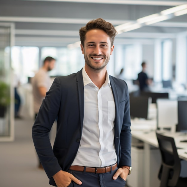 photo d'un homme d'affaires allemand de 25 ans souriant cheveux bruns tout le corps debout au bureau