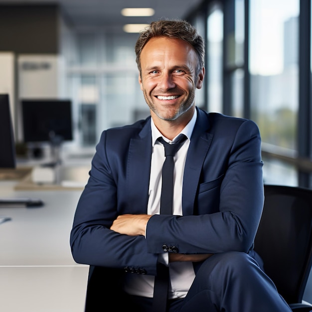 photo d'un homme d'affaires allemand de 40 ans souriant cheveux bruns tout le corps assis au bureau