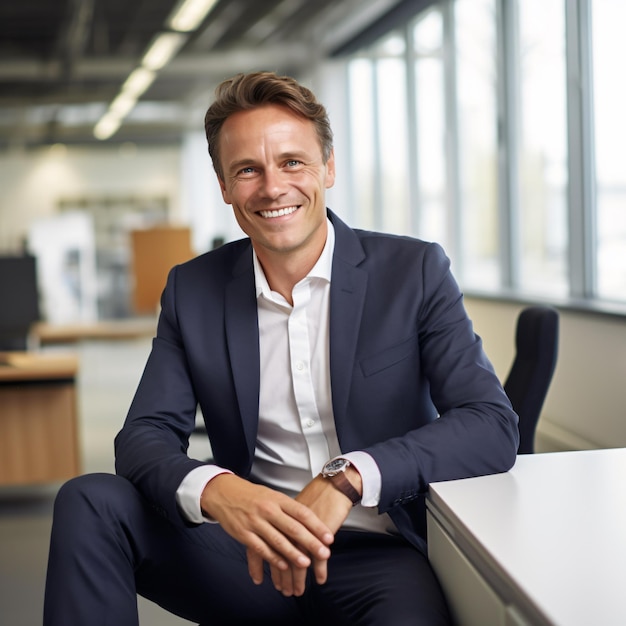 photo d'un homme d'affaires allemand de 40 ans souriant cheveux bruns tout le corps assis au bureau