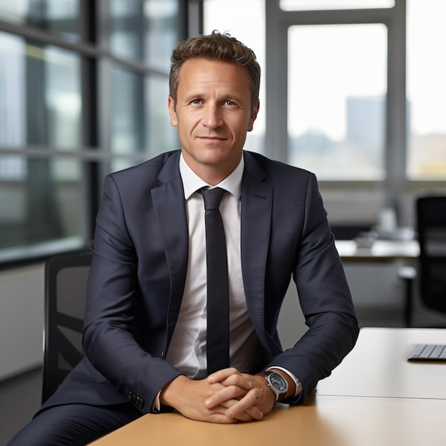 photo d'un homme d'affaires allemand de 40 ans souriant cheveux bruns tout le corps assis au bureau