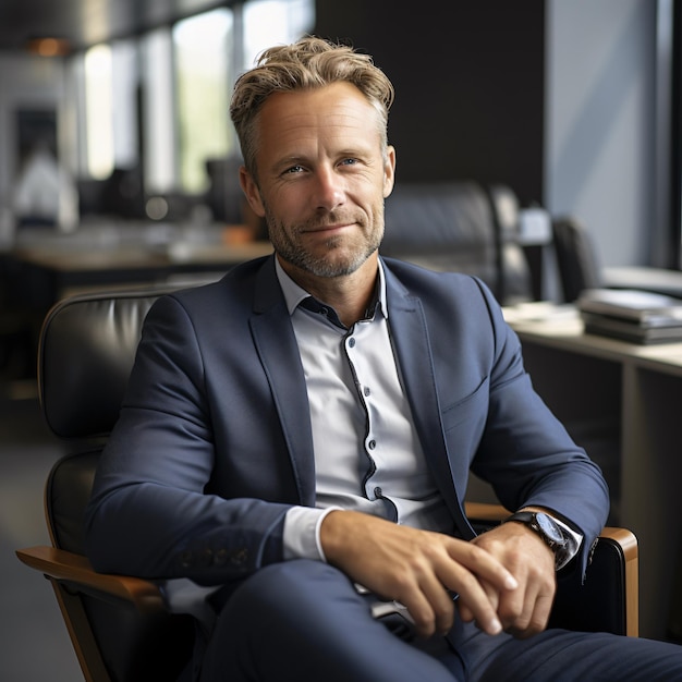 photo d'un homme d'affaires allemand de 45 ans souriant, cheveux blond foncé, corps entier, assis au bureau