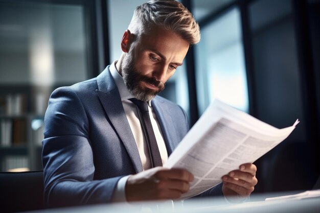 Photo d'un homme d'affaires lisant des documents importants dans un bureau créé avec une IA générative