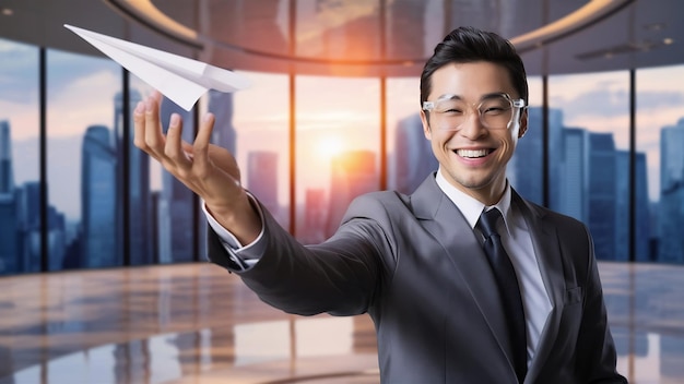 Photo d'un homme d'affaires prospère et joyeux, propriétaire d'une grande entreprise, souriant positivement et portant des lunettes transparentes.