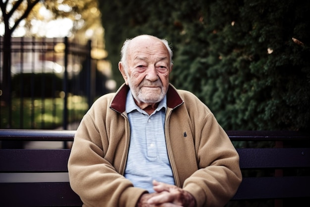 Une photo d'un homme âgé assis sur un banc à l'extérieur créée avec l'IA générative