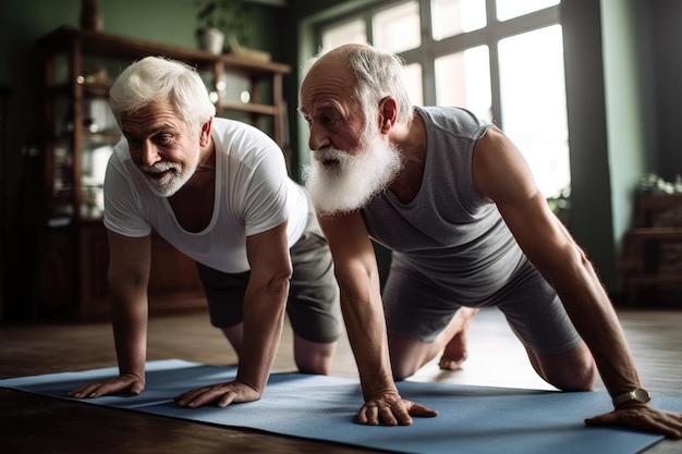 Photo d'un homme âgé effectuant une pose de yoga avec son partenaire créé avec une IA générative