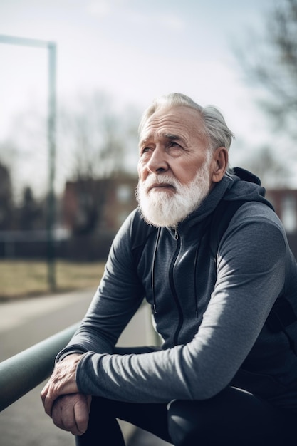 Une photo d'un homme âgé faisant une pause pendant qu'il fait de l'exercice à l'extérieur créée avec l'IA générative