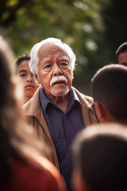 Une photo d'un homme âgé parlant à un groupe d'enfants à l'extérieur créée avec une IA générative