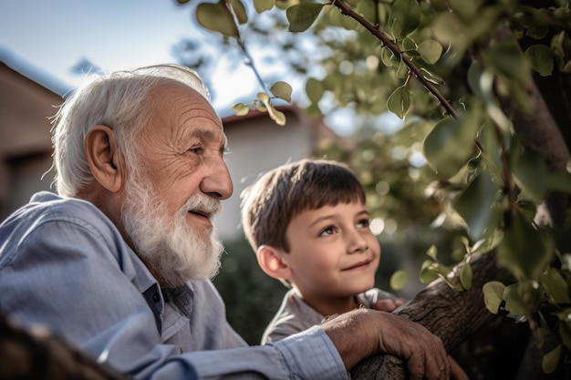 Photo d'un homme âgé passant du temps avec son petit-fils à l'extérieur créé avec une IA générative