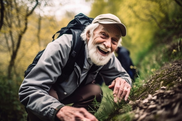 Photo d'un homme âgé s'amusant tout en faisant du géocaching à l'extérieur créé avec une IA générative