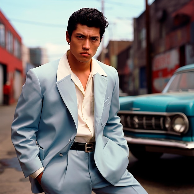 Photo photo homme asiatique de l'époque 1960 avec un costume bleu ciel généré par ia