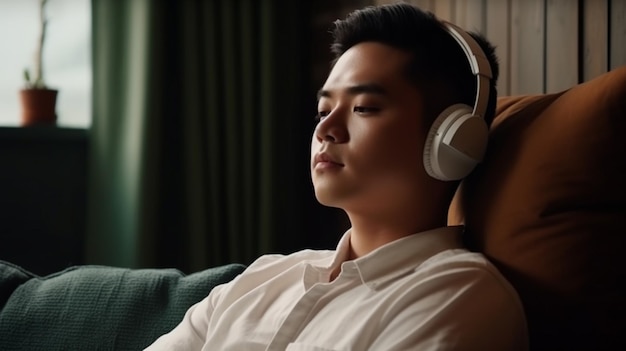 Photo d'un homme asiatique se reposant à la maison et écoutant de la musique